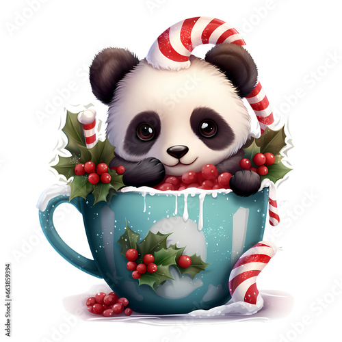 Cute Panda Bear On Christmas Mug Clipart Illustration