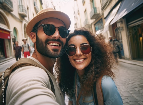 A happy couple sharing a selfie on the street. Fictional characters created by Generated AI.