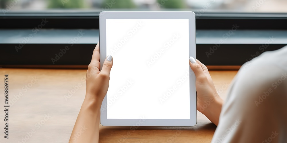 Woman using digital tablet with cup of coffee on table, generative ai. Woman using digital tablet with cup of coffee on table, generative ai.