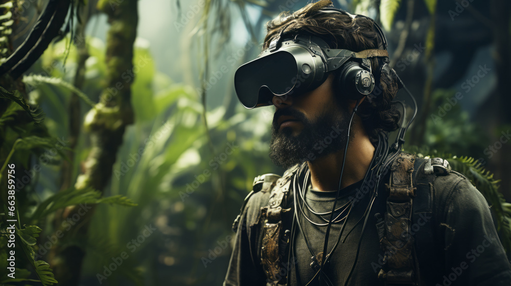 Metaverse technology concept. Young man with VR virtual reality goggles standing in fantasy jungle. Metaverse technology concept. Young man with VR virtual reality goggles standing in fantasy jungle.