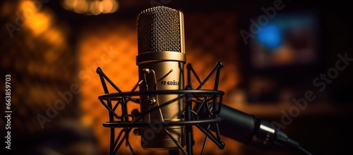 recording studio microphone and pop shield on mic. Performance and show in the music business equipment.