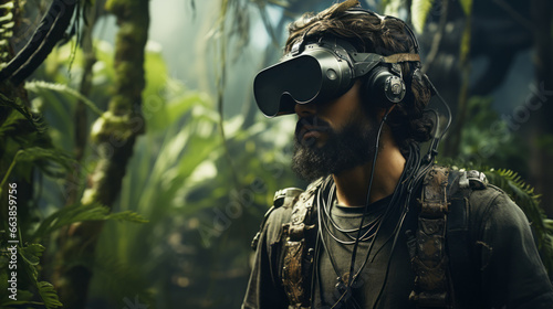 Metaverse technology concept. Young man with VR virtual reality goggles standing in fantasy jungle.