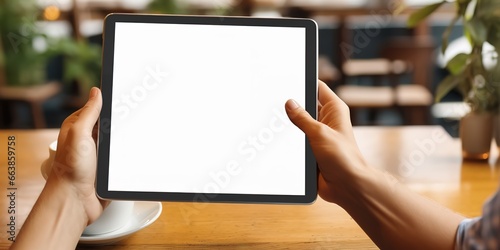 Woman using digital tablet with cup of coffee on table, generative ai.