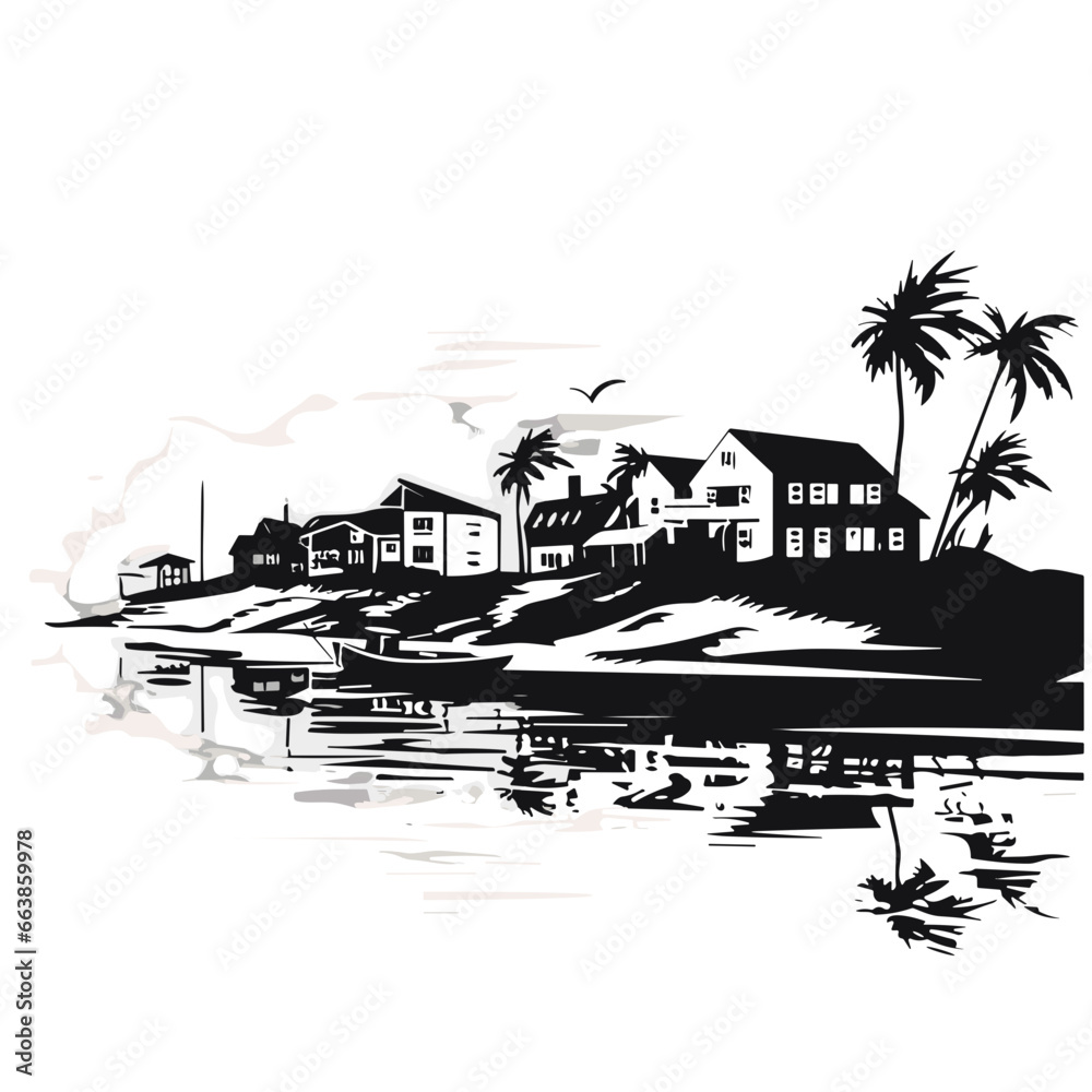 Fototapeta premium House vector, house silhouette, village vector, skyline, house, vector, city, town, illustration, building, home, architecture, street, village, cartoon, design, old, drawing, sketch, urban, vintage, 