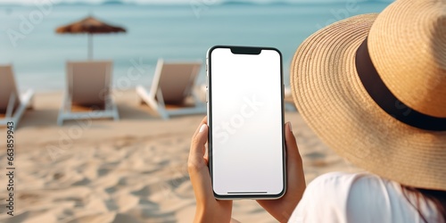 a hand holding a mobile phone displays a blank screen on a table, with a minimalist background style, ai generative.