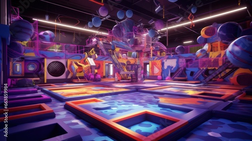 Trampoline park with colorful, RGB colors for play and sports.