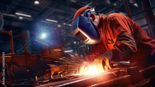 Welder model fabrication industry uses a welding mask and rubber gloves, with a welding flame that burns brightly.