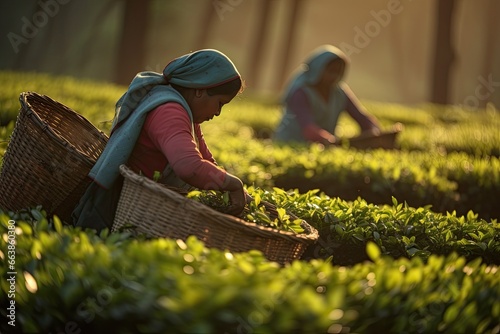 A group of women harvesting tea leaves on an agricultural plantation, showcasing the traditional farming culture. photo