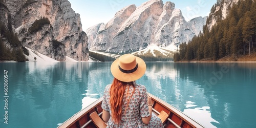 a woman riding a boat in front with a cap, looking at the mountain view, generative ai.