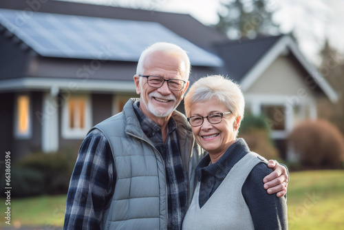 Joyful couple standing in front of contemporary home with sleek solar panels. Generative Ai.