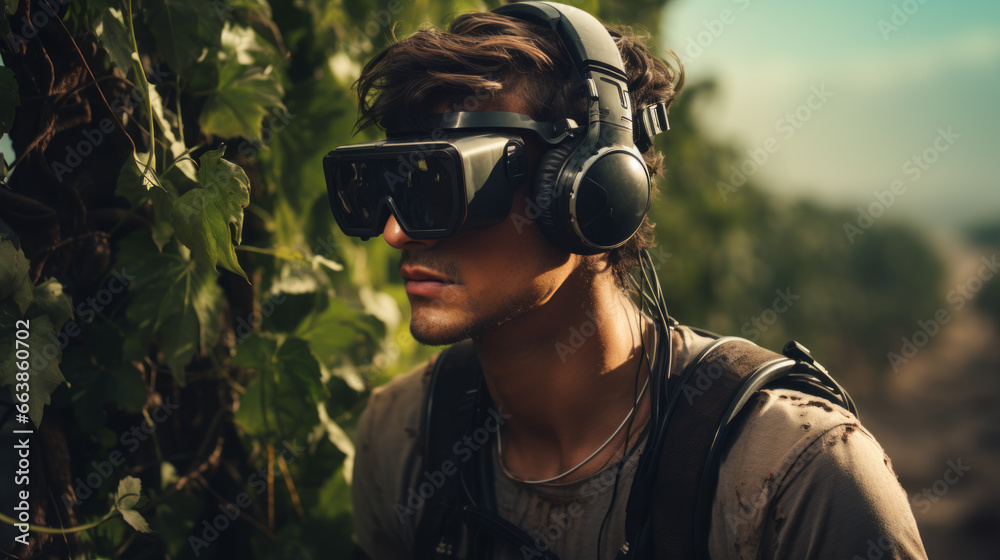 Metaverse technology concept. Young man with VR virtual reality goggles standing in fantasy jungle.