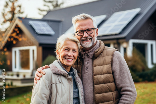 Smiling Couple in their 50s Standing in Front of a Sustainable Home with Solar Panels. Generative Ai.