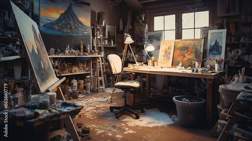 Painting art studio. Empty cozy workplace. complete with painting equipment, canvas and paintbrush on table photo