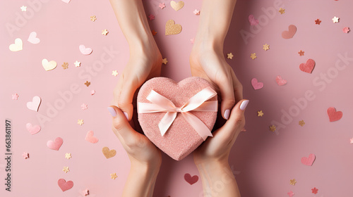 Woman hands holding gift or present, heart shaped box decorated confetti on pink pastel table top view. Flat lay composition for birthday or wedding, copy space, advertising greeting card, banner