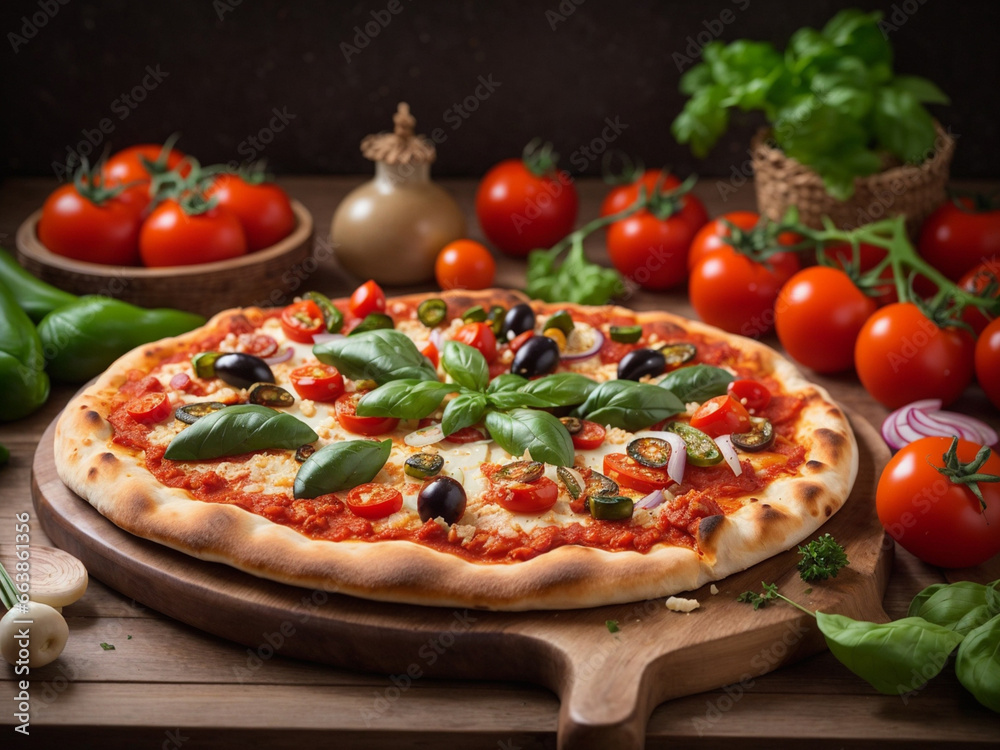 Vegetarian pizza tomato sauce and plenty of fresh vegetables