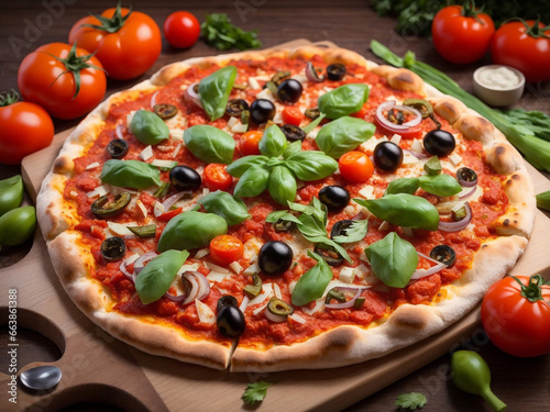 Vegetarian pizza tomato sauce and plenty of fresh vegetables