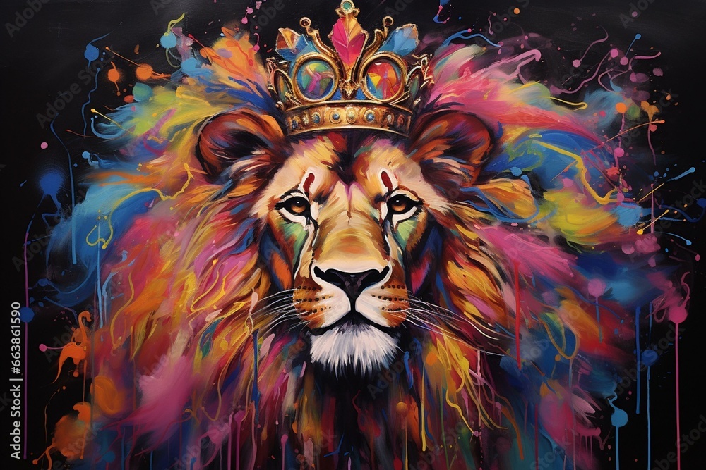 Vibrant lion painting with crown. Generative AI