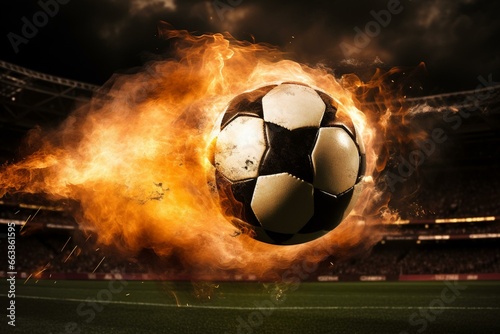 A blazing soccer ball speeds towards the stadium field. Generative AI © Jaida