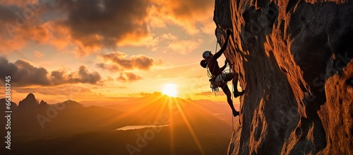 Adventurous Extreme Sport of Rock Climbing Man Rappelling from a Cliff. Mountain Landscape Background with sunset light photo