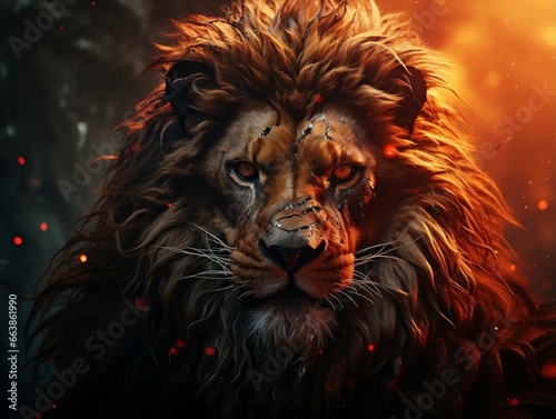 Fire lion art on abstract background generative ai
