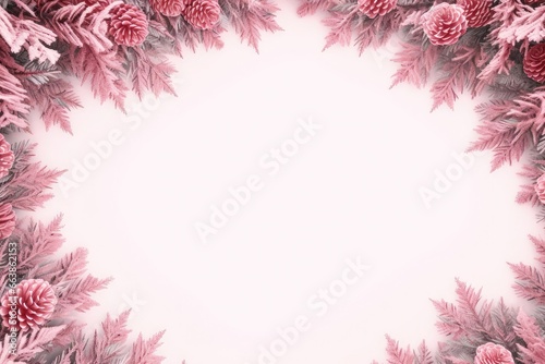 Top view of fir tree branch in a frame on a pink background.