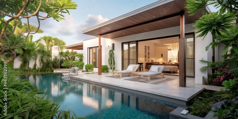 Open concept luxury villa with swimming pool and several other outdoor elements, minimalist, generative ai.