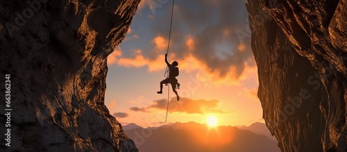 Adventurous Extreme Sport of Rock Climbing Man Rappelling from a Cliff. Mountain Landscape Background with sunset light © Beny