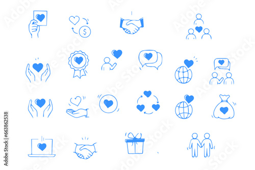 Charity hand, partnership doodle line icon. Charity community, trust community, people solidarity concept icon set. Hand drawn doodle sketch style line. Vector illustration