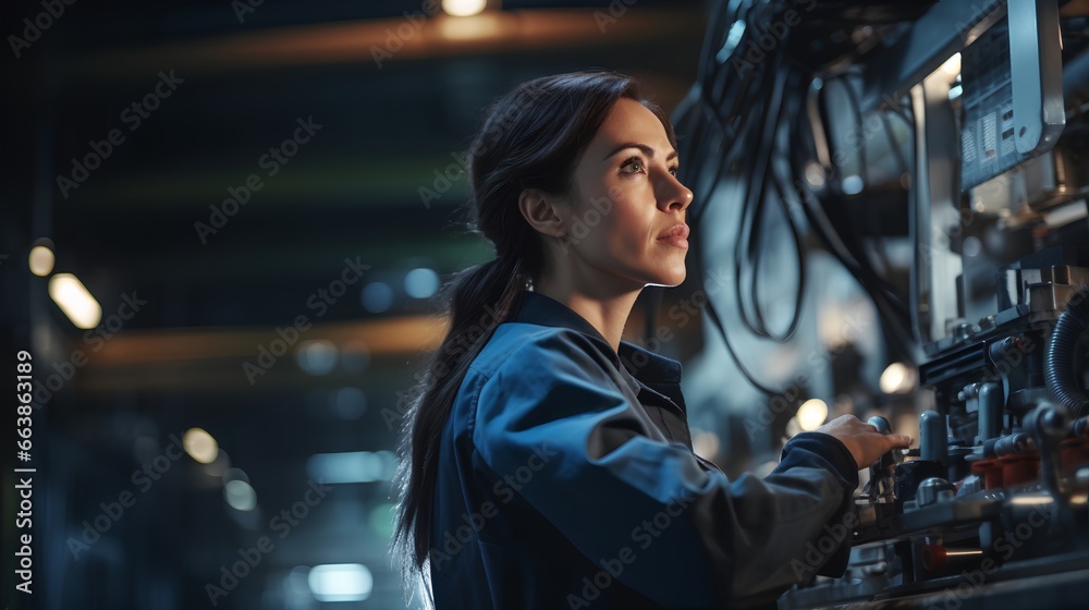 Professional female engineer at STEM work. Woman with technical engineering skills. Confidence and success, demonstrating her expertise in her field. Empowered woman in the STEM industry.