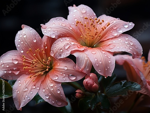 Pink flowers with rain drops on top generative ai