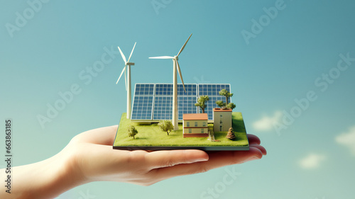 Green energy harnesses natural resources like wind and sunlight, powering turbines and solar panels for a sustainable, eco-friendly electricity solution, computer Generative AI stock illustration