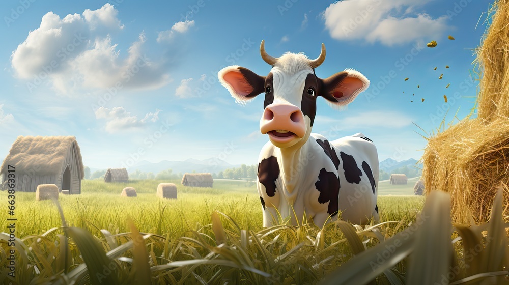 A beautiful cow stands gracefully in a traditional farm setting, surrounded by lush green pastures, exemplifying rural life’s serenity and simplicity. Generative AI.