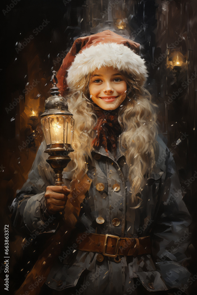 Cheerful Smiling Girl in Santa Hat Illuminating the Night with Lantern