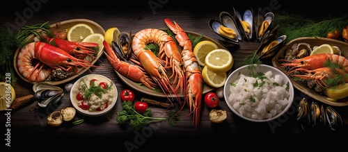 Set of seafood dishes, Seafood on a plate, Fish, shrimp, squid, octopus on a black background