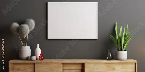 white frame on black wall with flower pots, minimalist color field style, dark white and grey, realistic interior,generative ai.