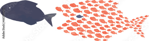 小さな魚がたくさん集まって大きな魚を追いかけるイラスト
