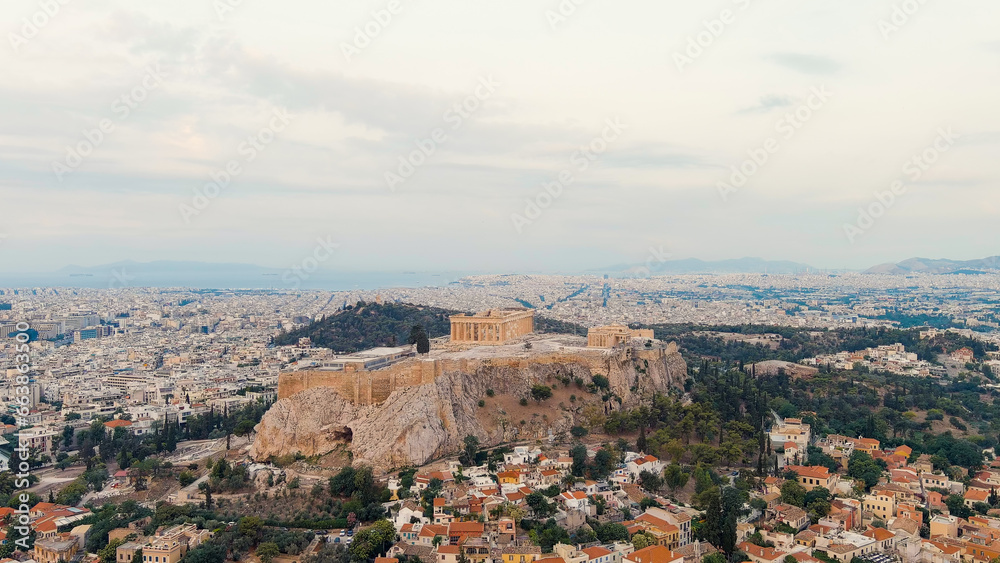 Athens, Greece. Acropolis of Athens in the early morning. Cloudy weather. Summer, Aerial View