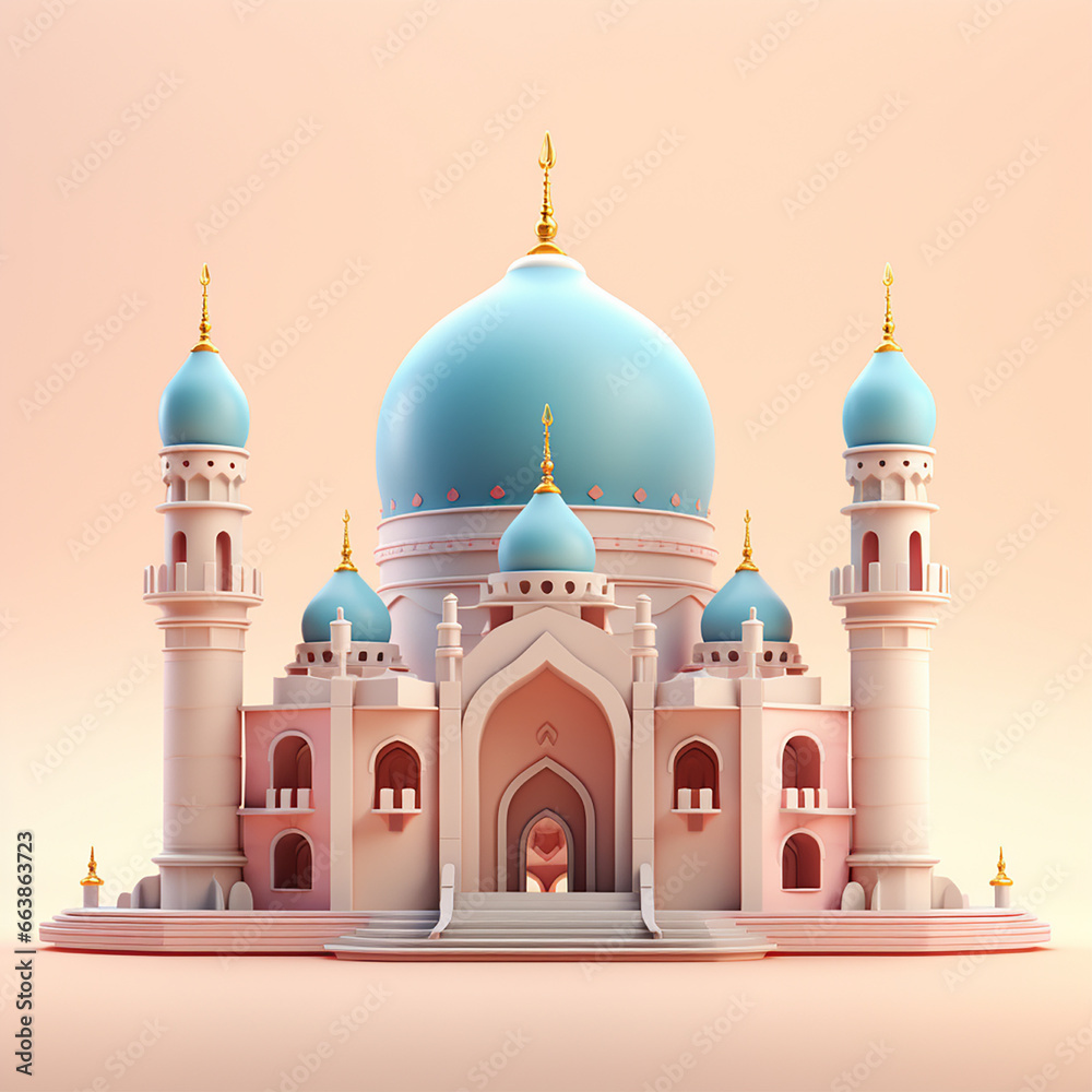 3D cute mosque icon design color background