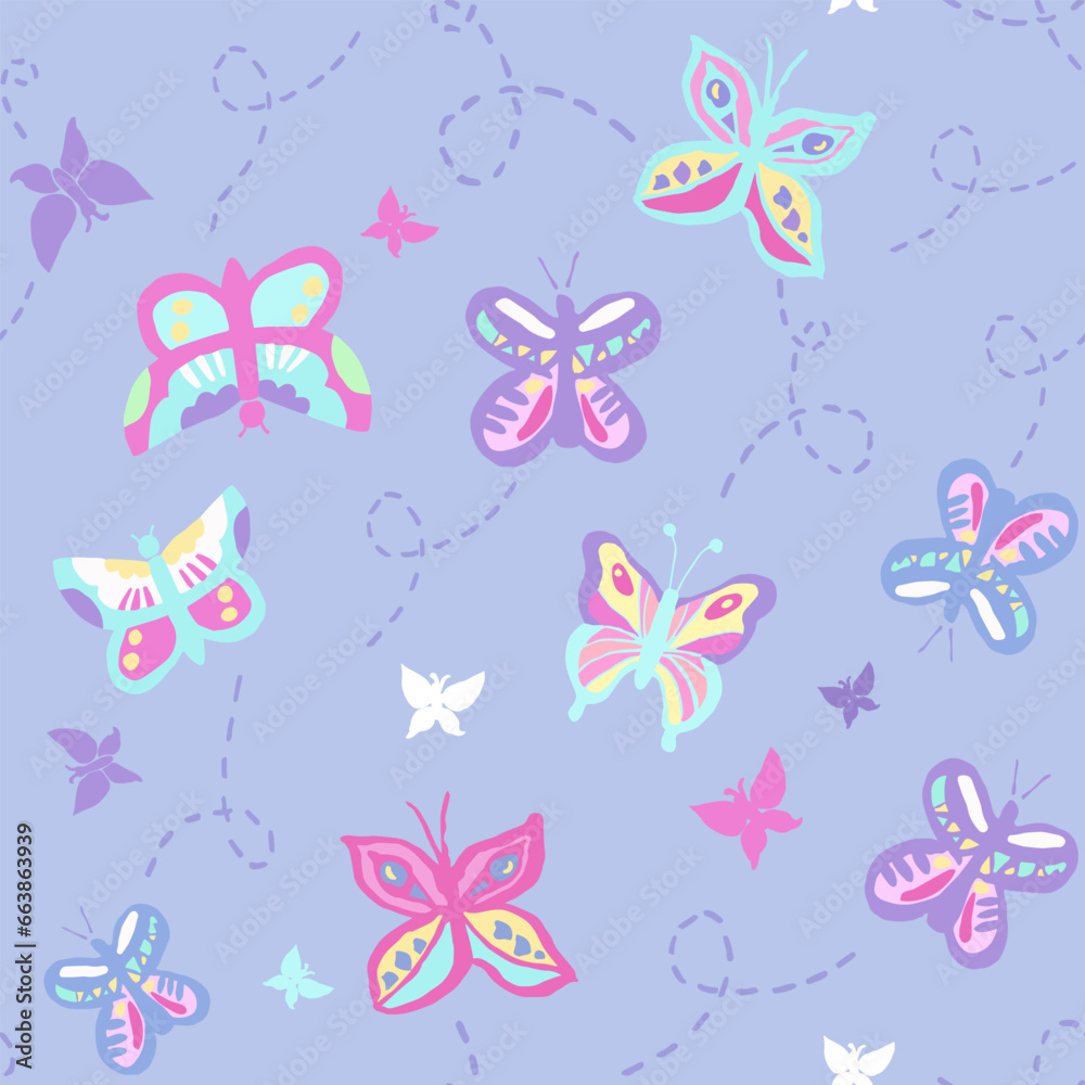Seamless repeat pattern with flying butterflies in pink, purple, yellow, aqua. Pastel summer pattern for girls design, apparel, versatile stationery.