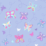 Seamless repeat pattern with flying butterflies in pink, purple, yellow, aqua. Pastel summer pattern for girls design, apparel, versatile stationery.