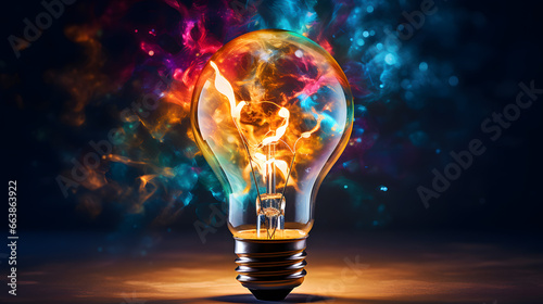 Illuminated light bulb with different colors splashed on it isolated on black background