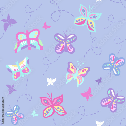 Seamless repeat pattern with flying butterflies in pink  purple  yellow  aqua. Pastel summer pattern for girls design  apparel  versatile stationery.