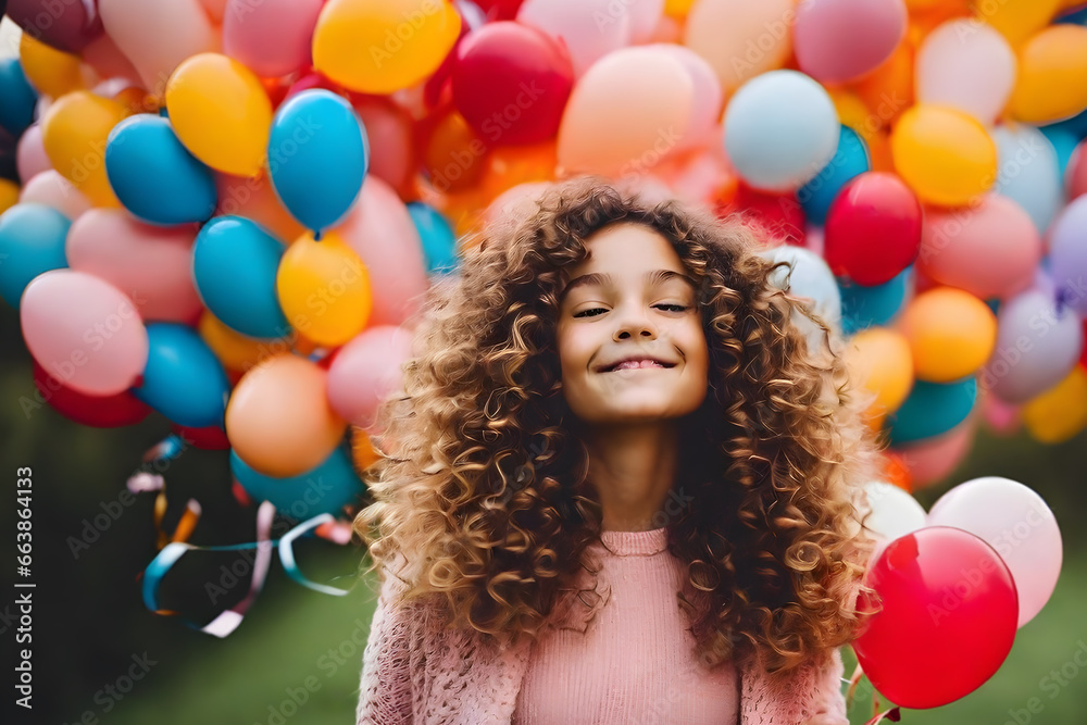 a photo of A cute girl with is covered in balloons, creating a whimsical and dreamy atmosphere, AI generated