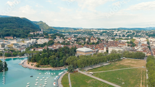 Annecy, France. Historical city center with the Thiou river. Annecy is a city in the Alps in southeastern France, Aerial View