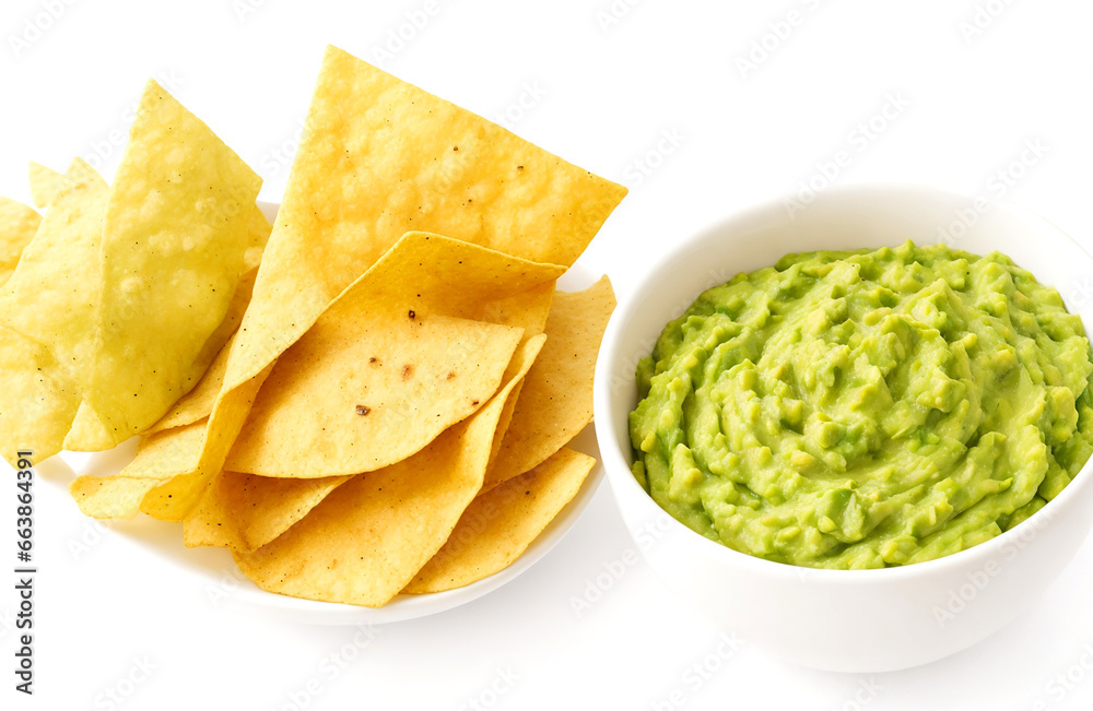 Guacamole sauce and tortilla chips isolated on white background Guacamole sauce and tortilla chips isolated on white background