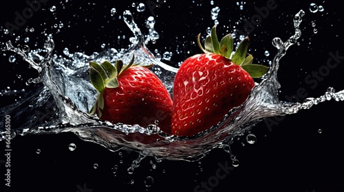 strawberry fruit sinking in water with water splashes