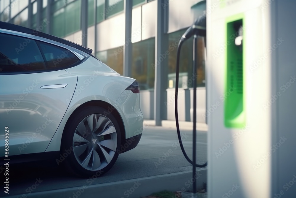 Power supply plugs into electric vehicle to charge battery . EV fuel Plug in hybrid car. Power supply plugs into electric vehicle to charge battery . EV fuel Plug in hybrid car.