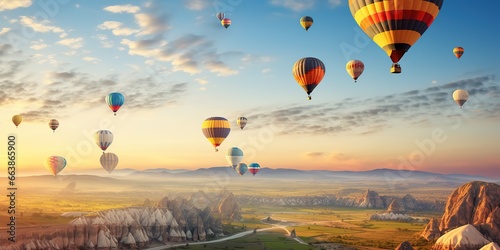 hot air balloons and landscape with valley, in a highly detailed and realistic rendering style, generative ai.