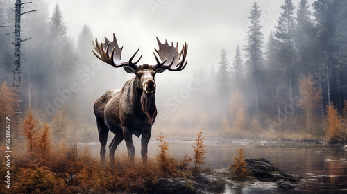 bull elk in the woods during a misty morning in autumn.