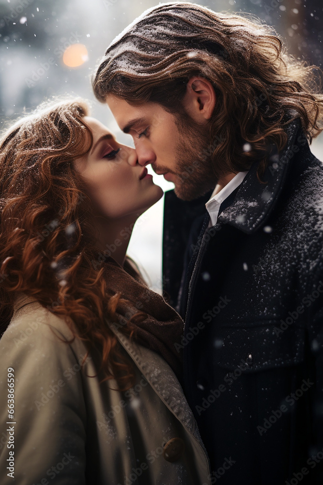 close up portrait of a sensual kissing couple in winter wearing warm clothes